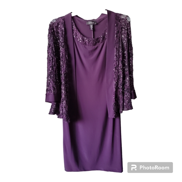 R&M Richards Dress & Jacket Sequins lace plum stretch sz 14 evening coquette - Picture 1 of 16